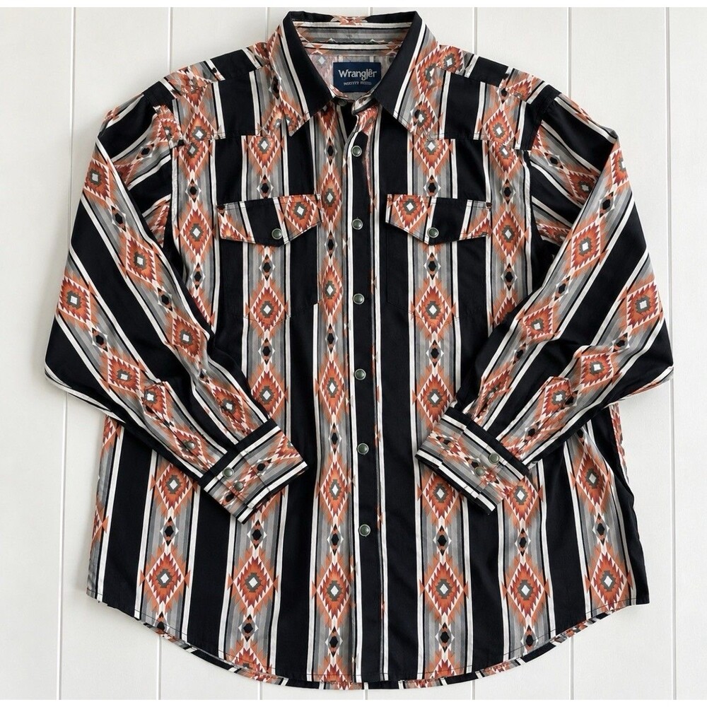 Wrangler XXL Aztec Western Shirt Moss Green Pearl Snap Cowboy Ranchwear Boys
